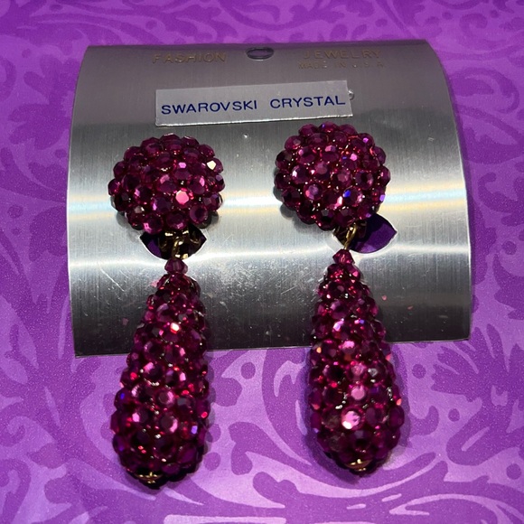 Bridal, Prom, Wedding Pave Fuchsia Swarovski Crystal Teardrop Clip-on Earrings - Picture 2 of 7